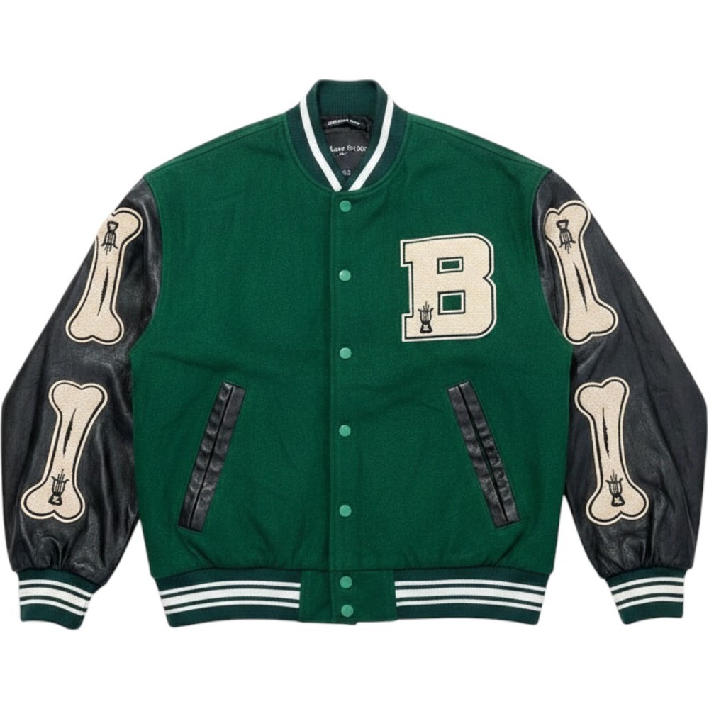 Aelfric Eden Mens Varsity Jacket Green Black Bone Patch Letterman Bomber S